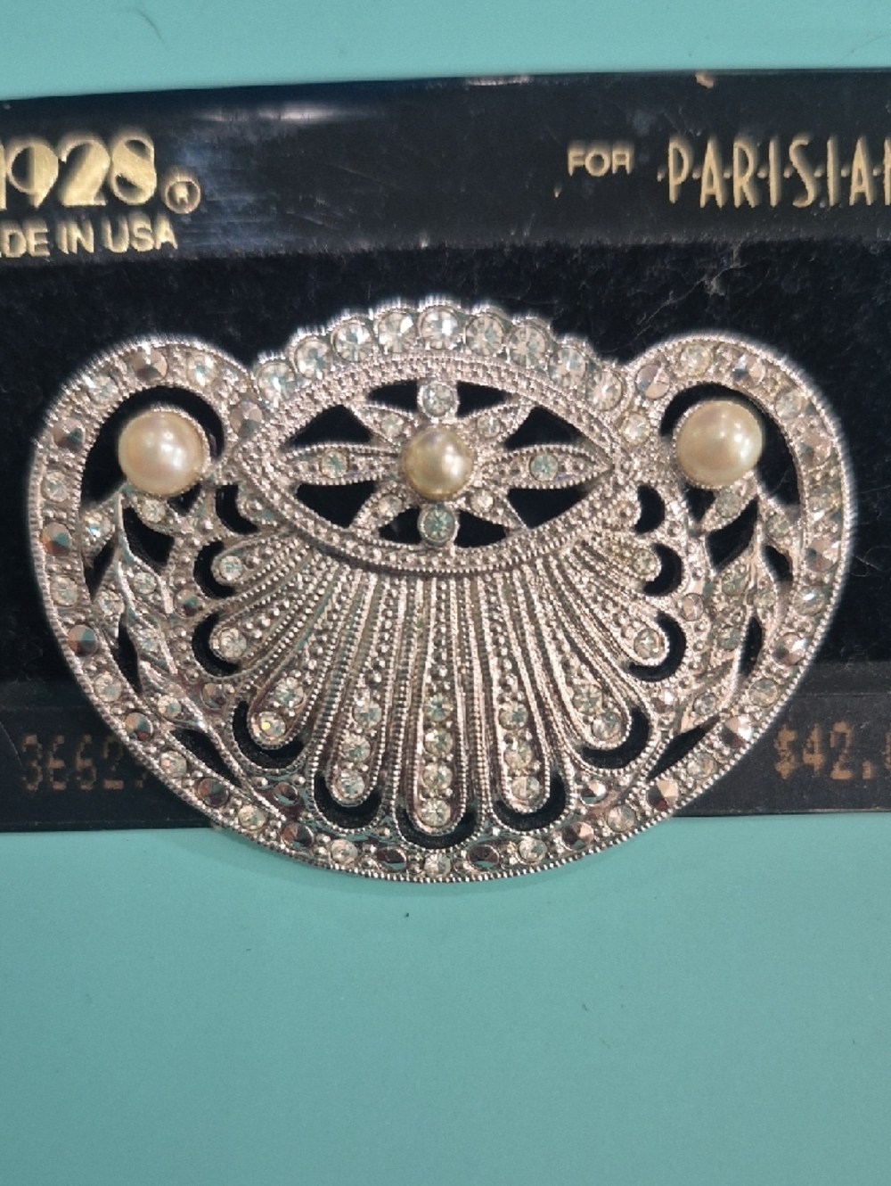 1928 For Parisian Works Silver-Tone, Crystal Faux Pearl Brooch New - Picture 3 of 6